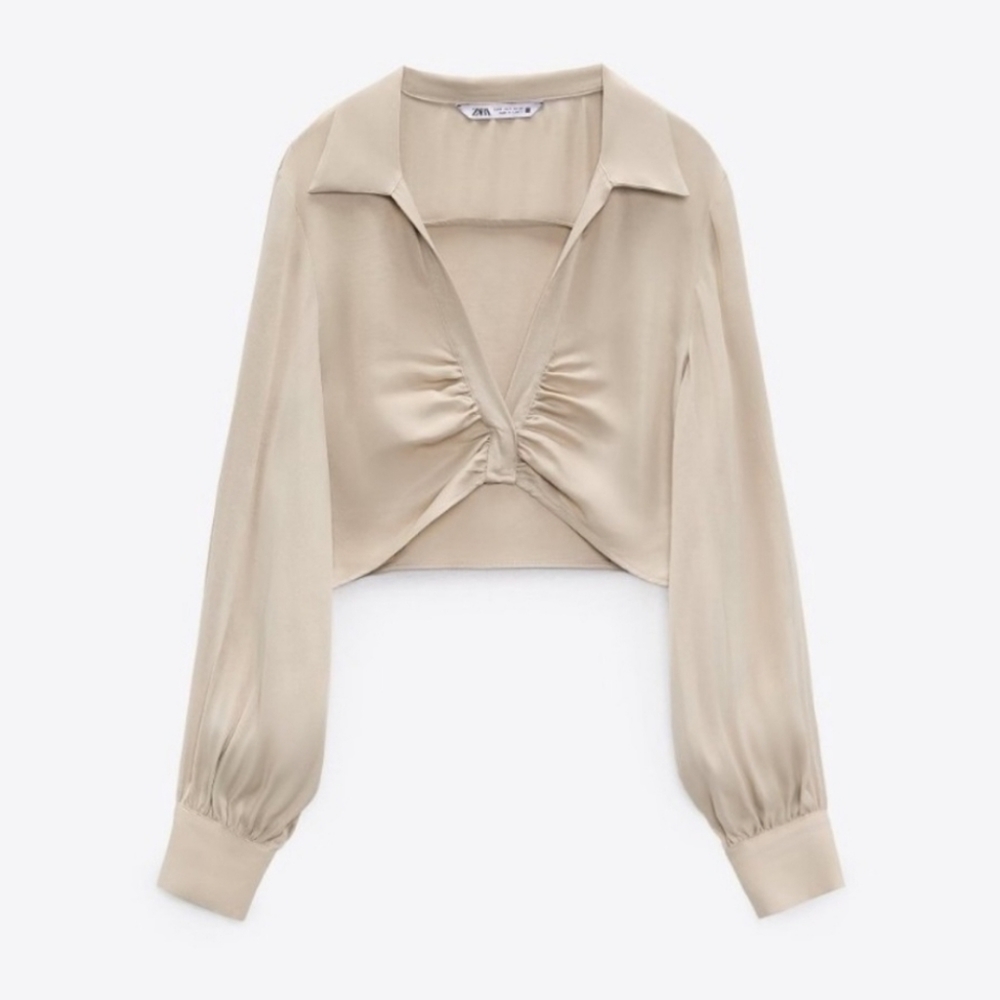 ZARA Long Sleeve Rouched Cropped Blouse in Sand Small